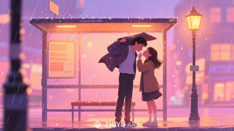 雨夜公交站的温馨瞬间 598