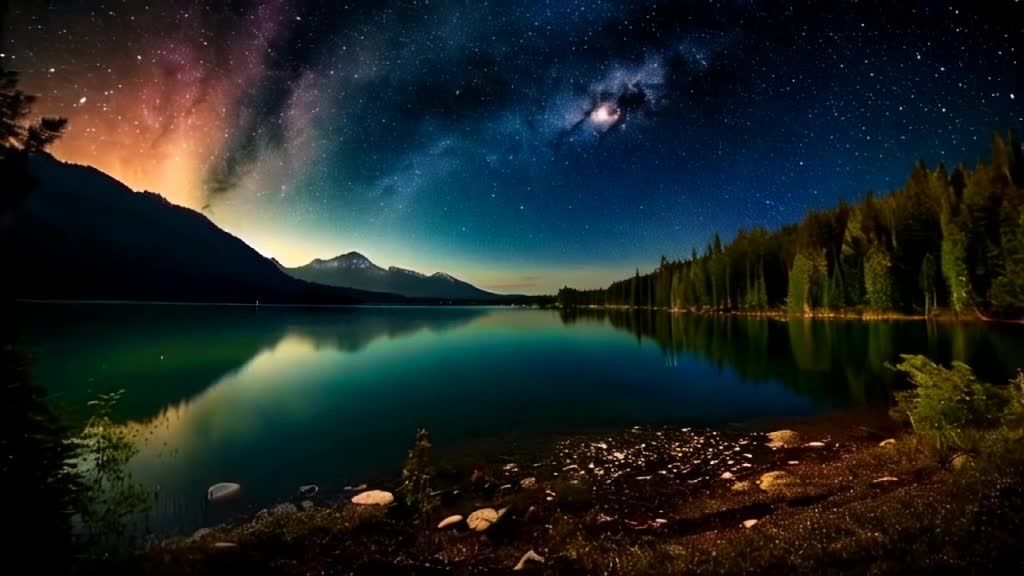 一片湖面在夜空下，湖面平静，倒映着星空和周围的景色