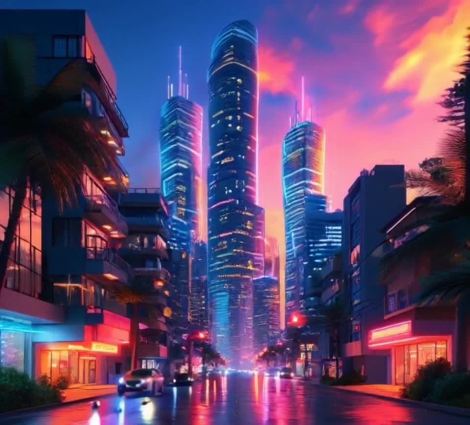 霓虹夜色：未来都市湿漉街道棕榈树高楼林立