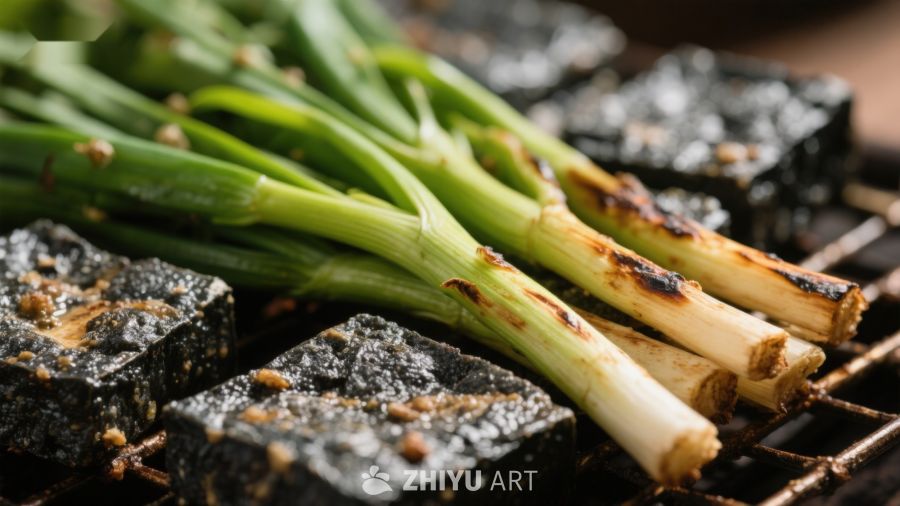 烤韭菜与黑豆腐，美味烧烤特写