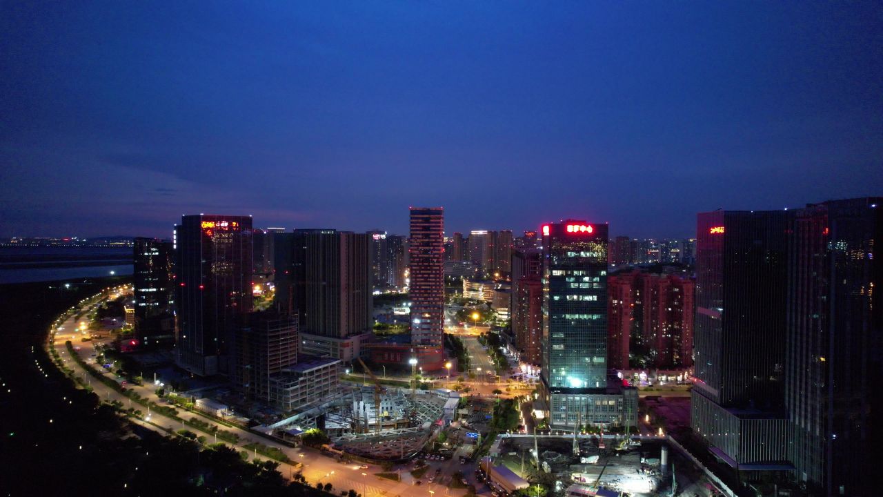 福建泉州城市夜景东海CBD夜景灯光航拍