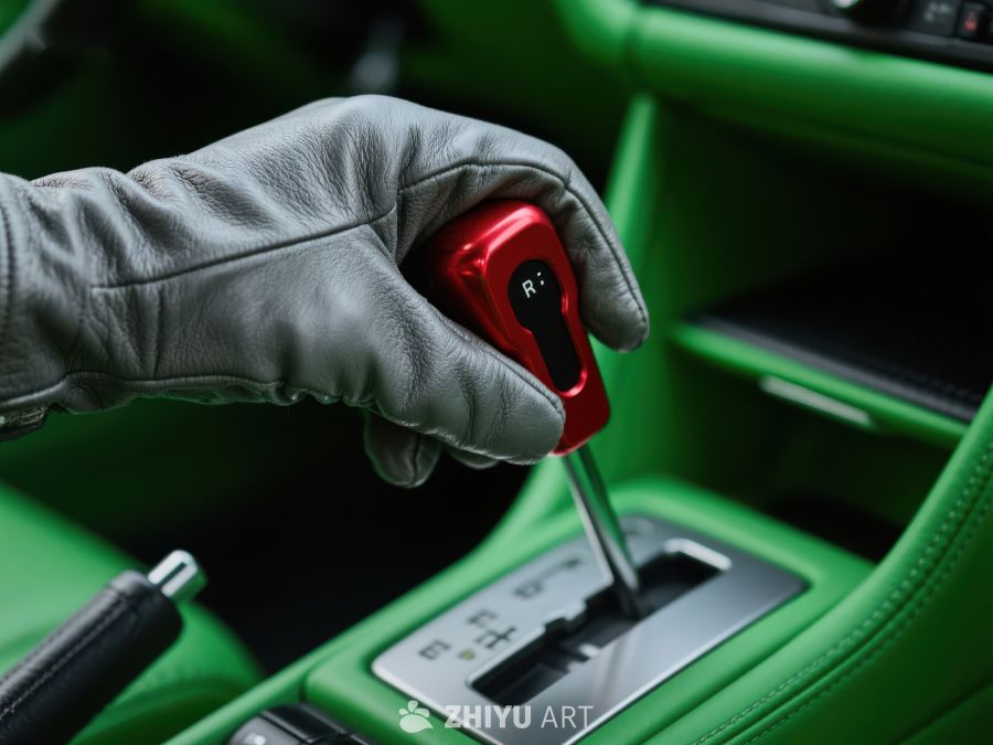 手握红色换挡杆，绿色内饰汽车内部 273