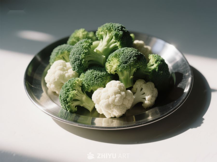 新鲜西兰花与花椰菜的银盘盛放 733