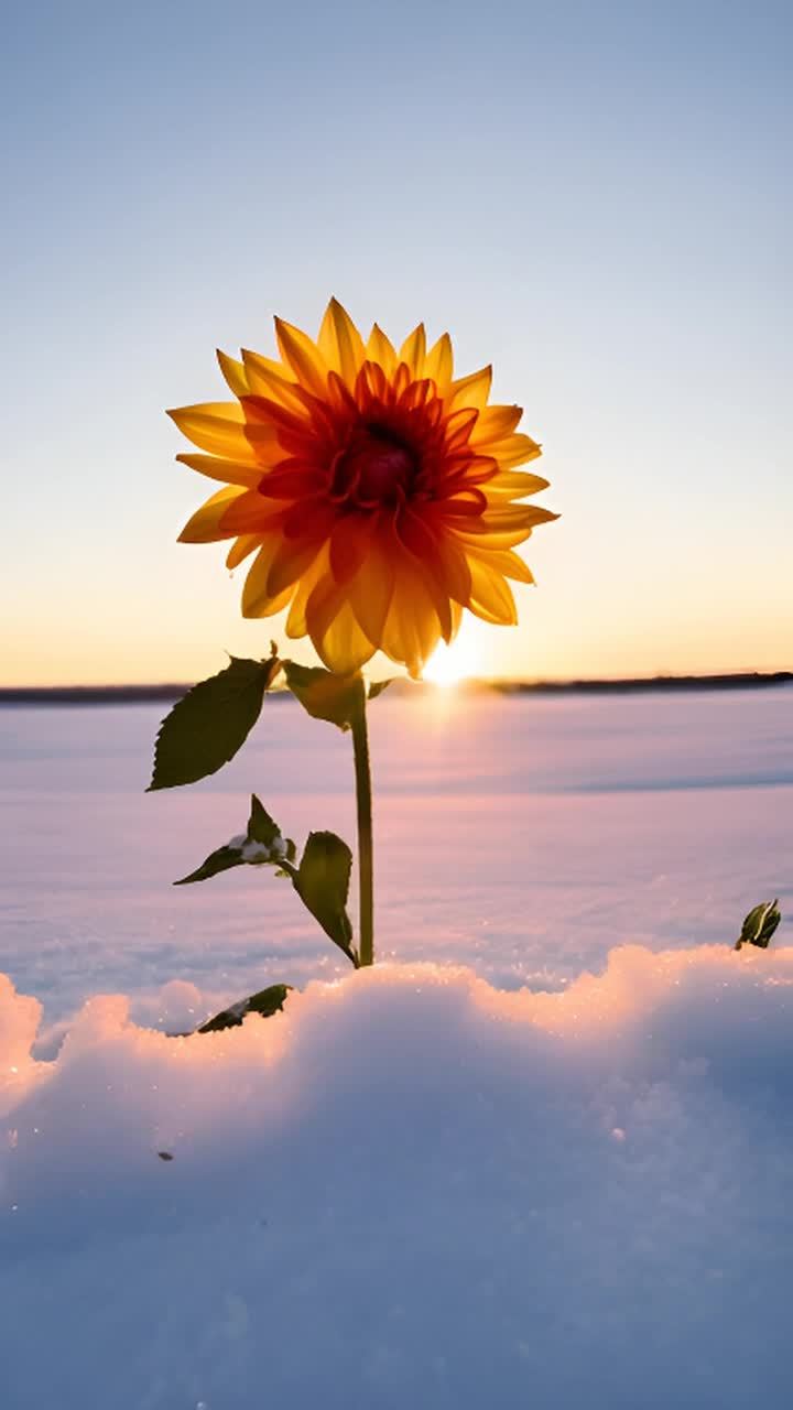 一朵大丽花独自矗立在雪地里，花朵呈橙黄色，背景是日