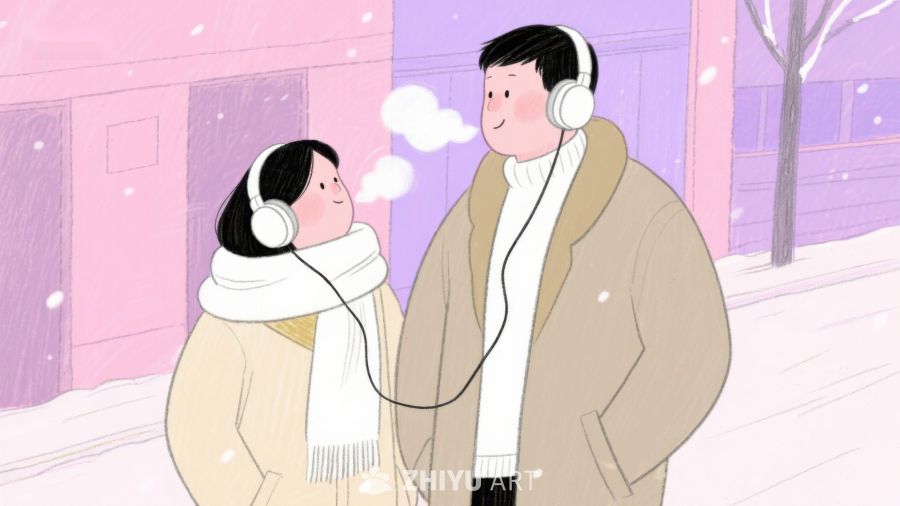 冬日街头共享耳机的两人 137