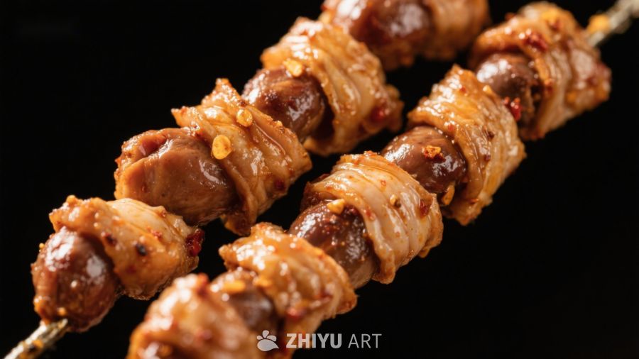 美味串烧：肉块与洋葱的完美组合