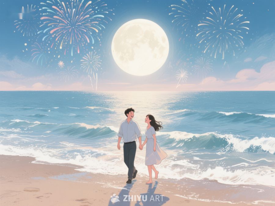 情侣海滩漫步，烟花满天 543