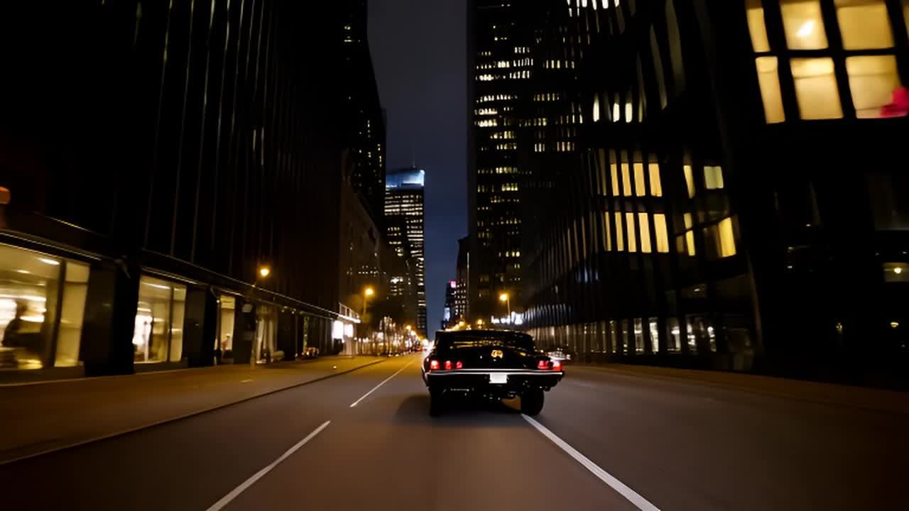 夜晚的街道上，一辆黑色1967年款Maverick