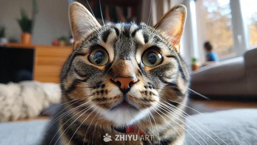 一只虎斑猫的特写，它有着绿色的眼睛和长长的白色胡须