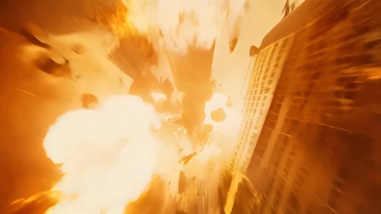 剧烈的爆炸发生在建筑物之间，火焰和浓烟四处扩散，碎
