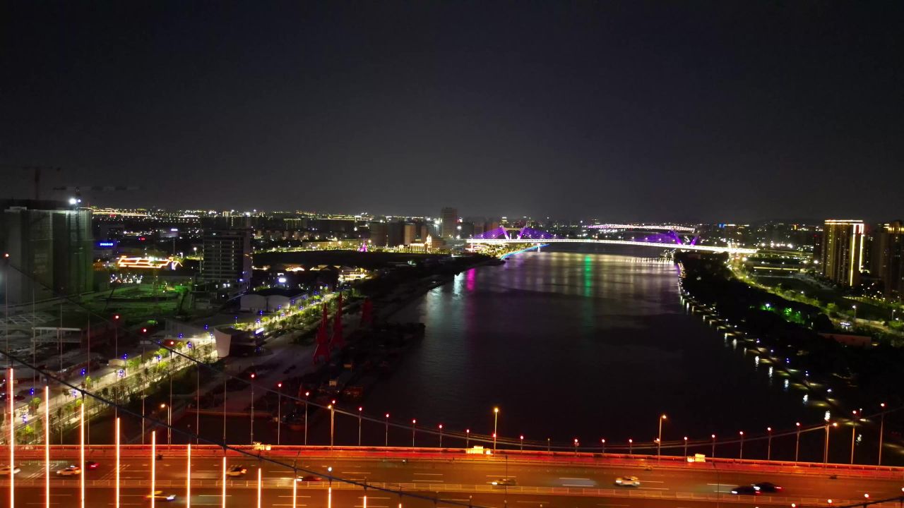 航拍浙江宁波庆丰桥夜景