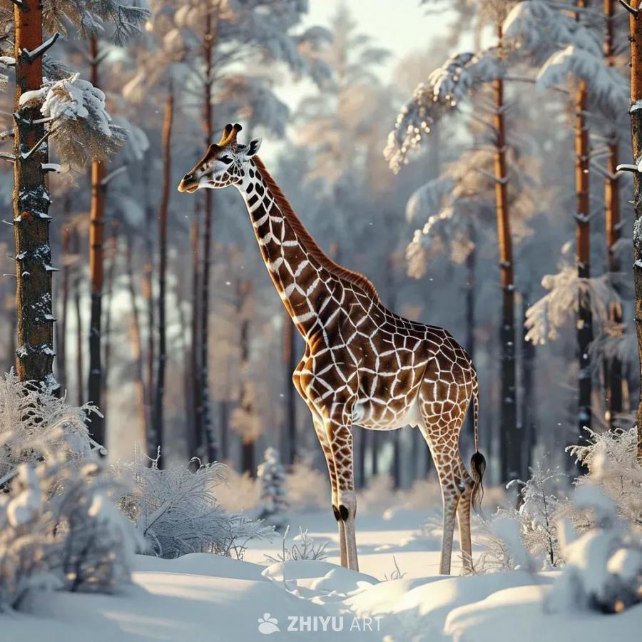 一头长颈鹿站立在冬日森林中，它的长脖子伸向白雪皑皑