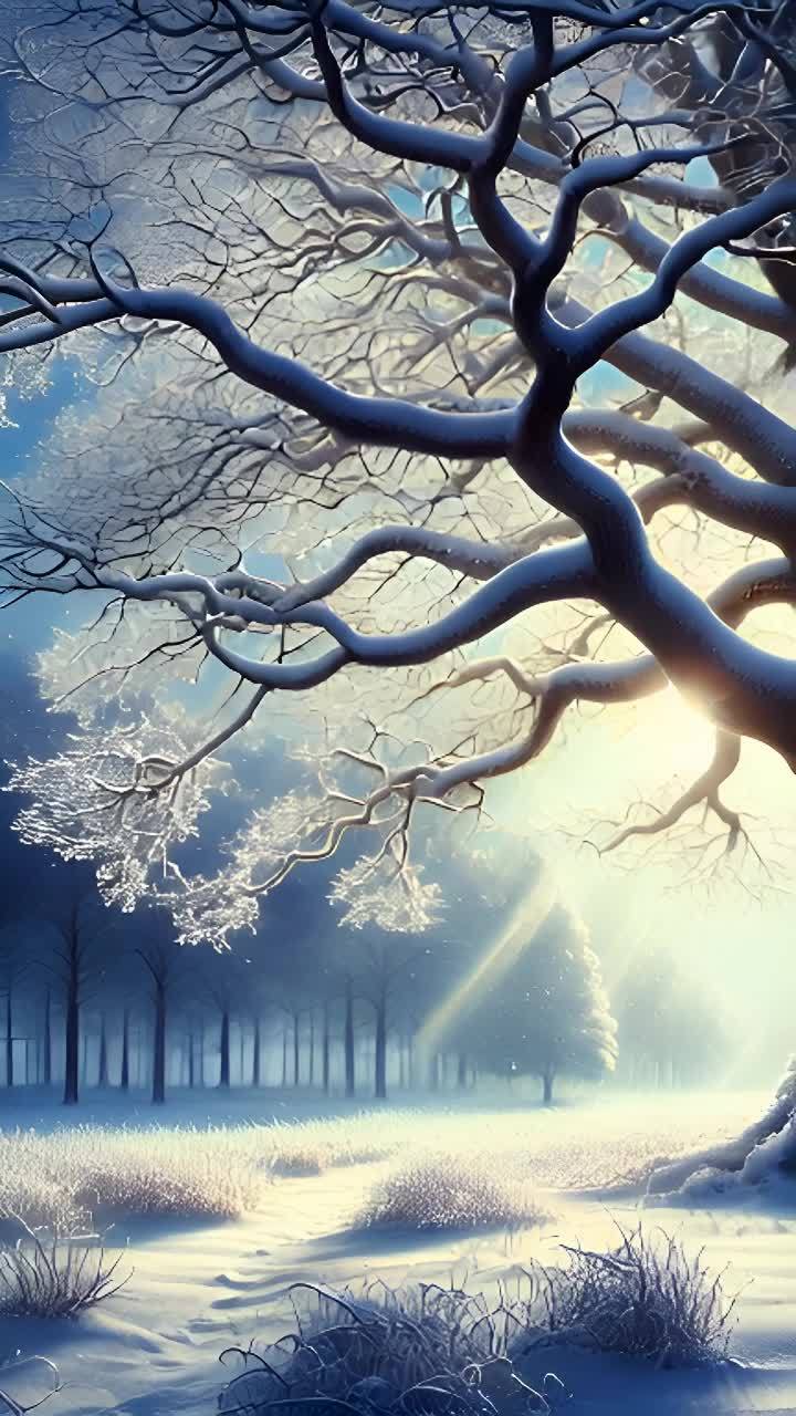 光线透过树木，照亮了覆盖着雪的地面。许多树木直立生