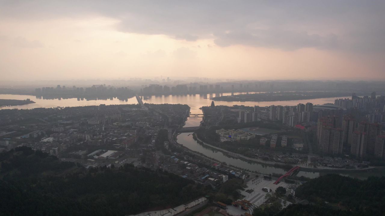四川遂宁城市晚霞夕阳航拍 