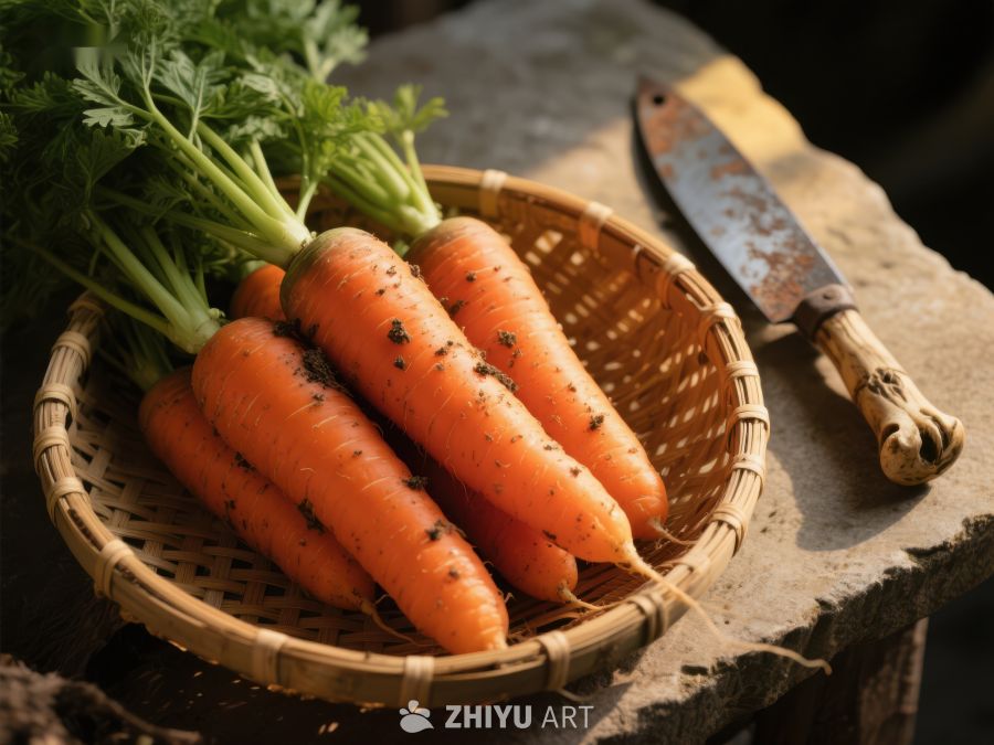 新鲜胡萝卜置于竹篮旁配旧刀 476