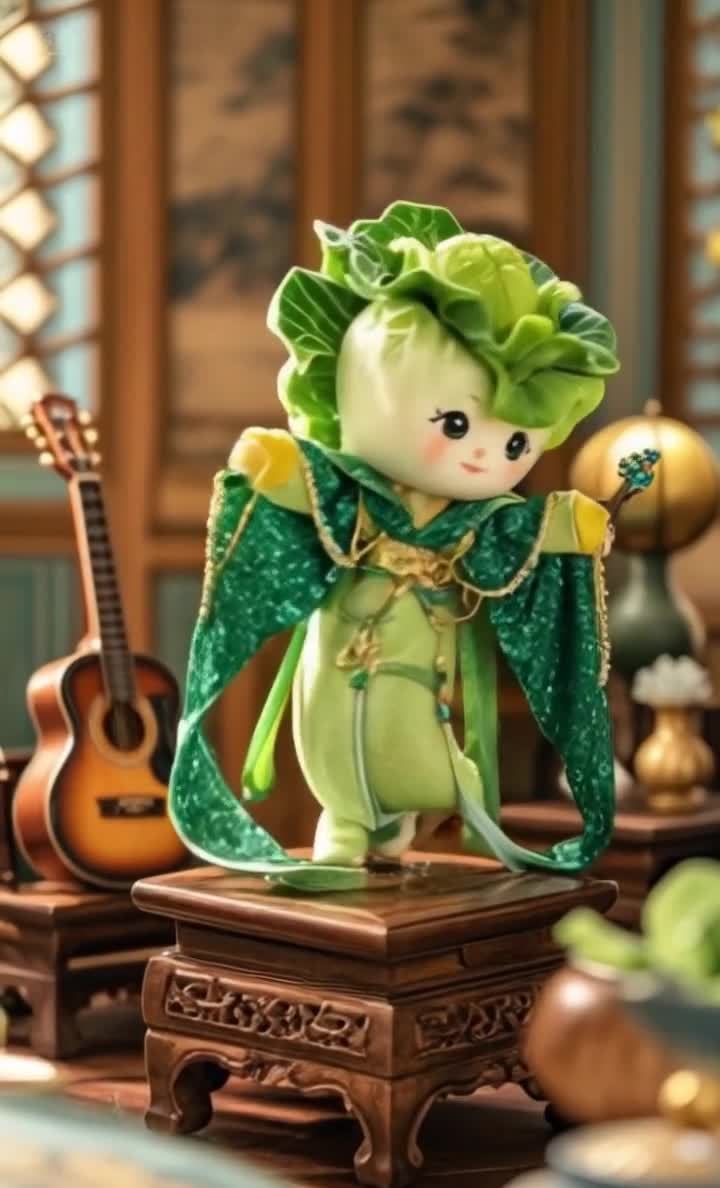 一个稳定的画面，一颗白菜头的人偶站在棕色的木质底座