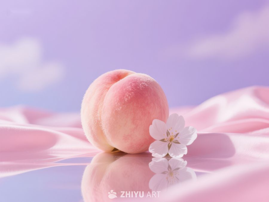 桃子与樱花，紫色背景下的静谧之美 482