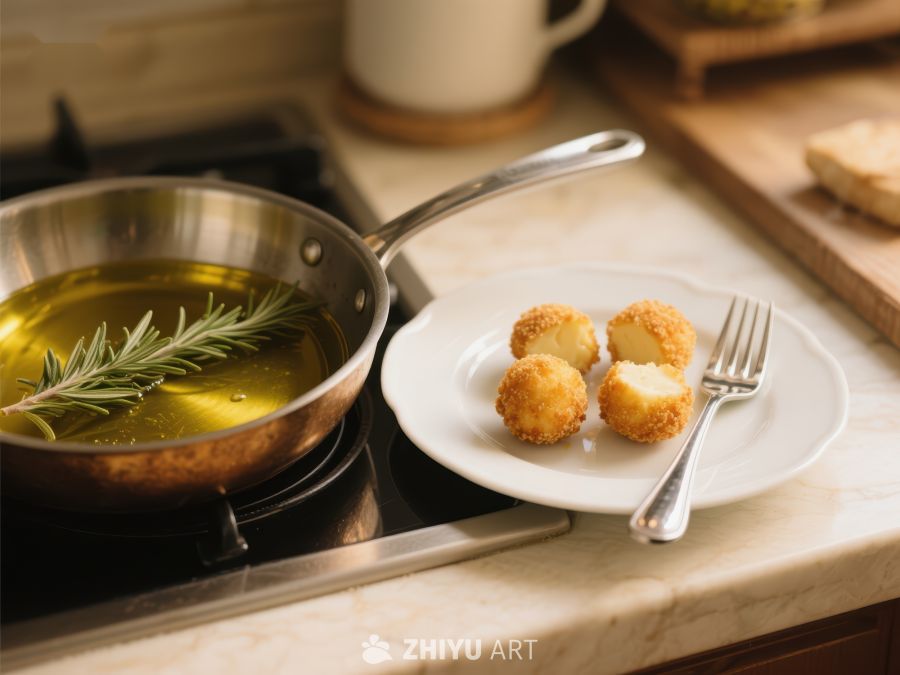 煎锅热油与金黄炸物的美食场景 242
