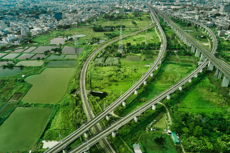 航拍高铁线路穿过农田