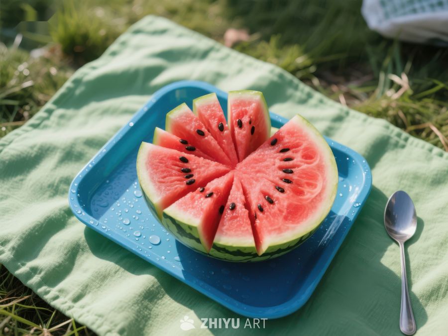 切片西瓜置于蓝色托盘上 422