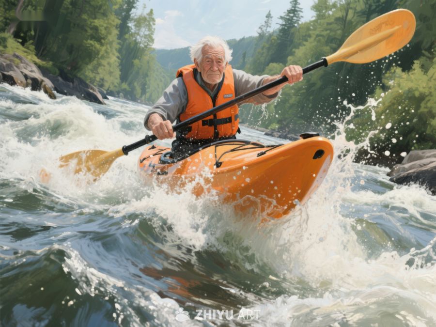 老人激流中划桨，橙色皮划艇破浪前行 408