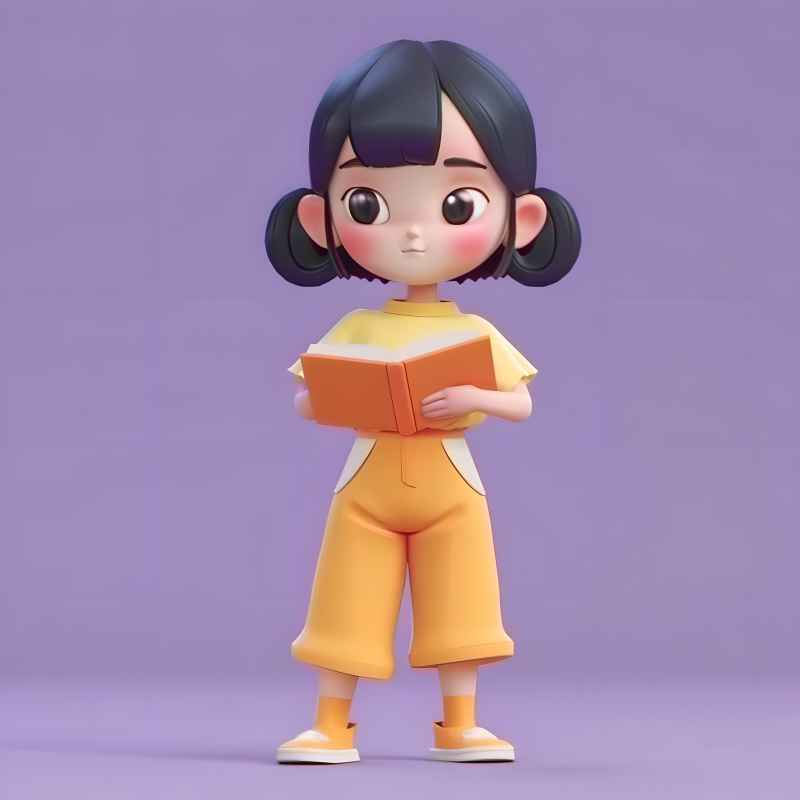 女孩手拿着一本书，穿着黄色夹克和橙色裤子 7
