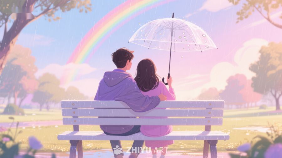 雨中彩虹下的情侣 631
