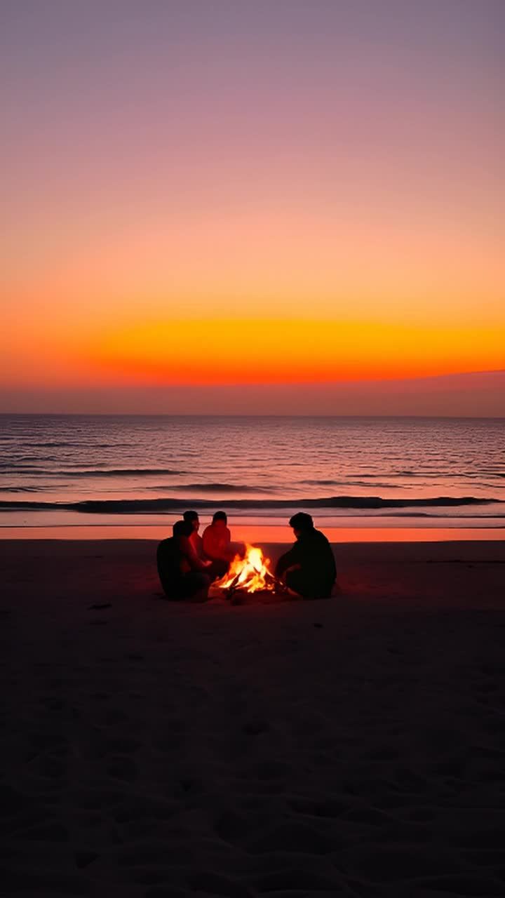 海滩上，夕阳西下，天空呈现橙色和紫色渐变。四个人的