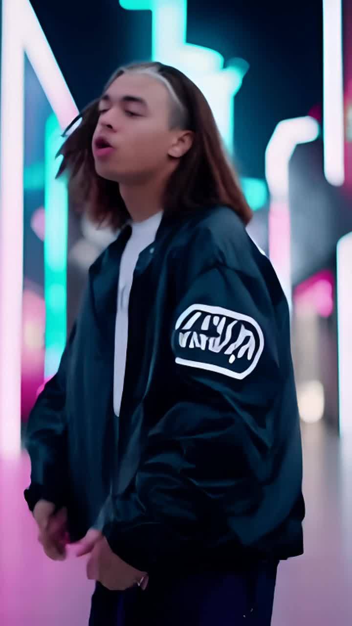 一位年轻的白皮肤、棕色长发的说唱歌手穿着一件印有“