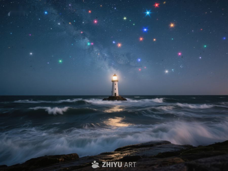 夜空下的灯塔与海浪 298