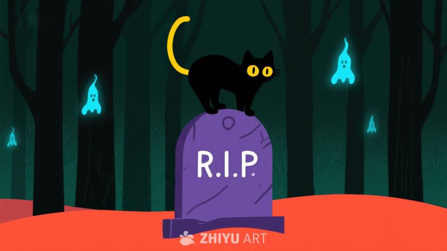 黑猫墓碑幽灵森林夜景