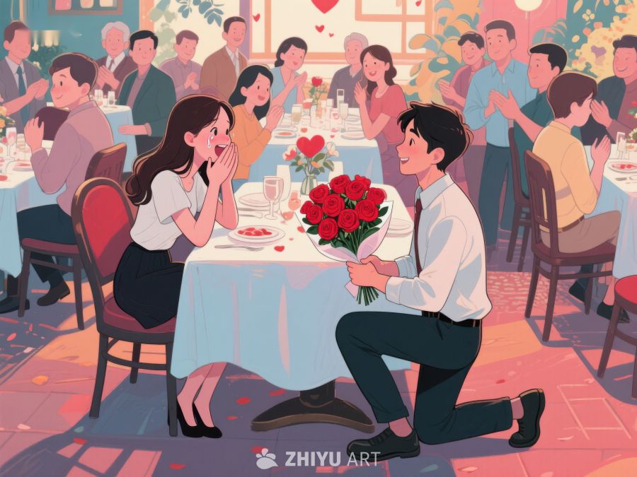 餐厅求婚，男子单膝跪地献花 3