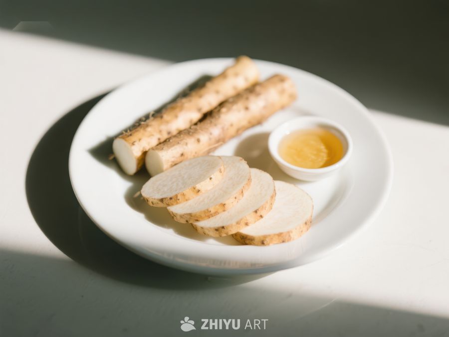 盘中切片山药与蘸酱 279