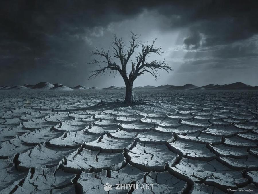一棵光秃秃的树立在干旱的土地上，土地龟裂。远方地平