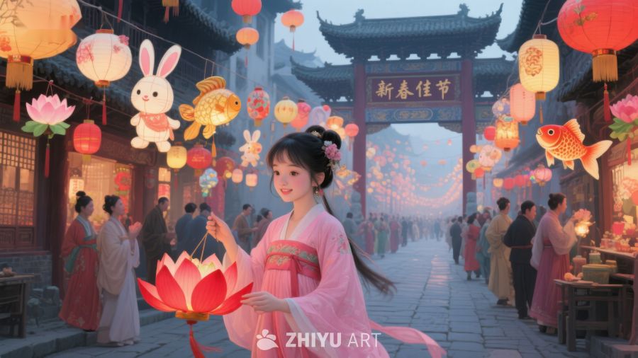 古风女子手持莲花灯，夜市灯火辉煌 229