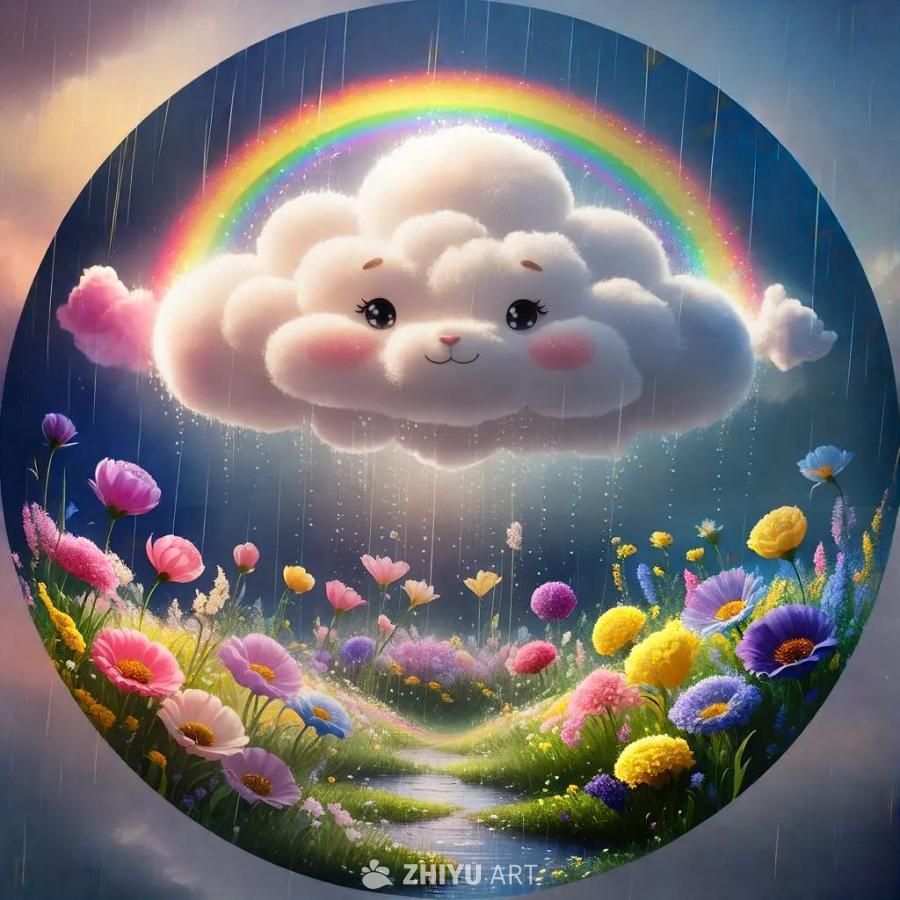 圆形画面中，一朵蓬松的白云下着雨，雨水浇灌着地面上