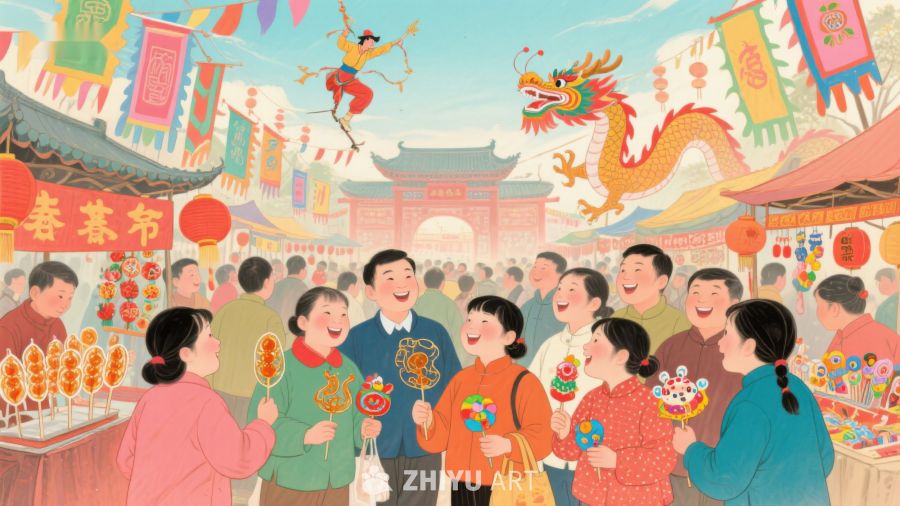 热闹春节集市，舞龙表演欢庆 80