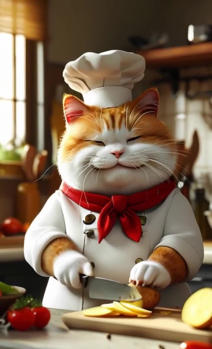 厨师猫微笑切土豆烹饪准备食材