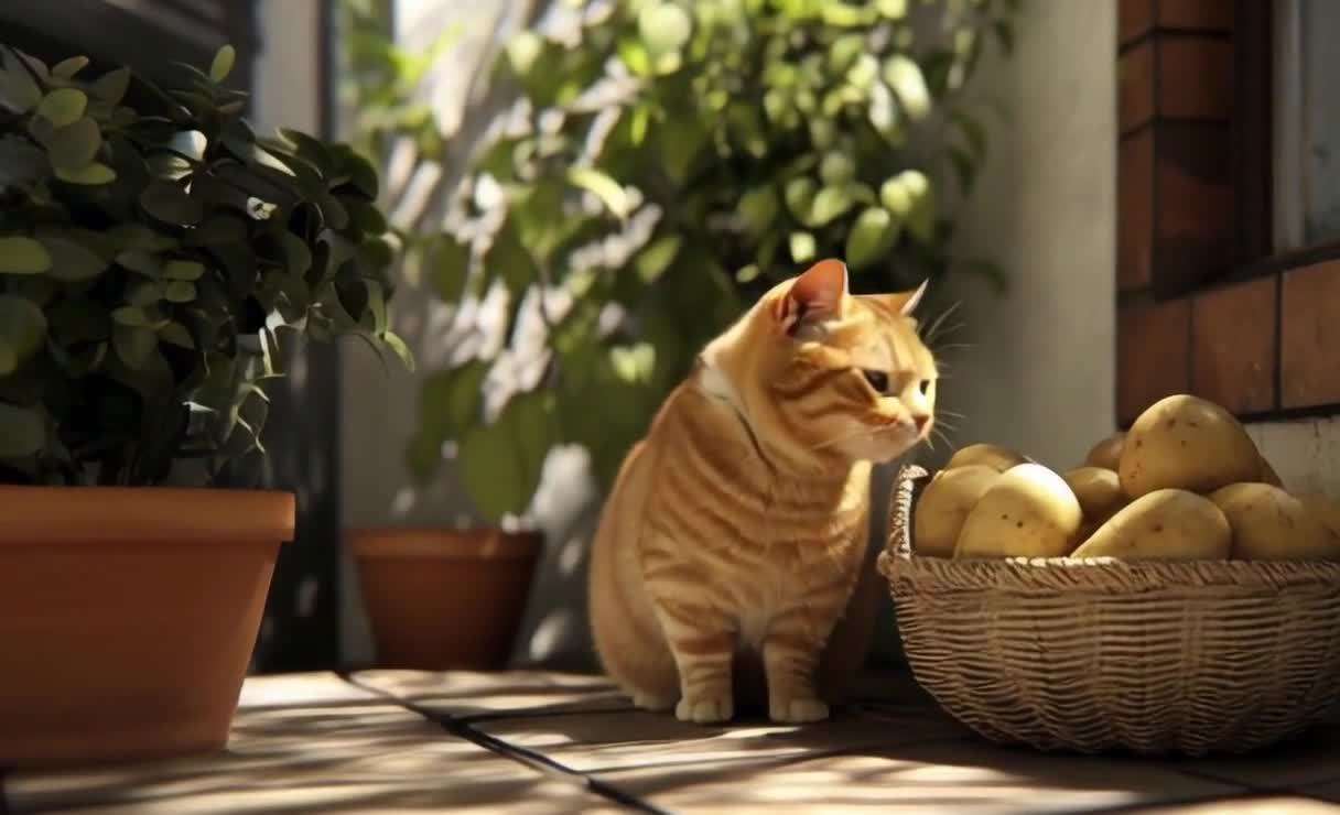 阳光下的猫咪与土豆，温馨田园生活场景