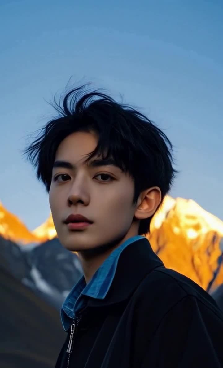 黑发男子凝视，金色山峰与蓝色天空背景。