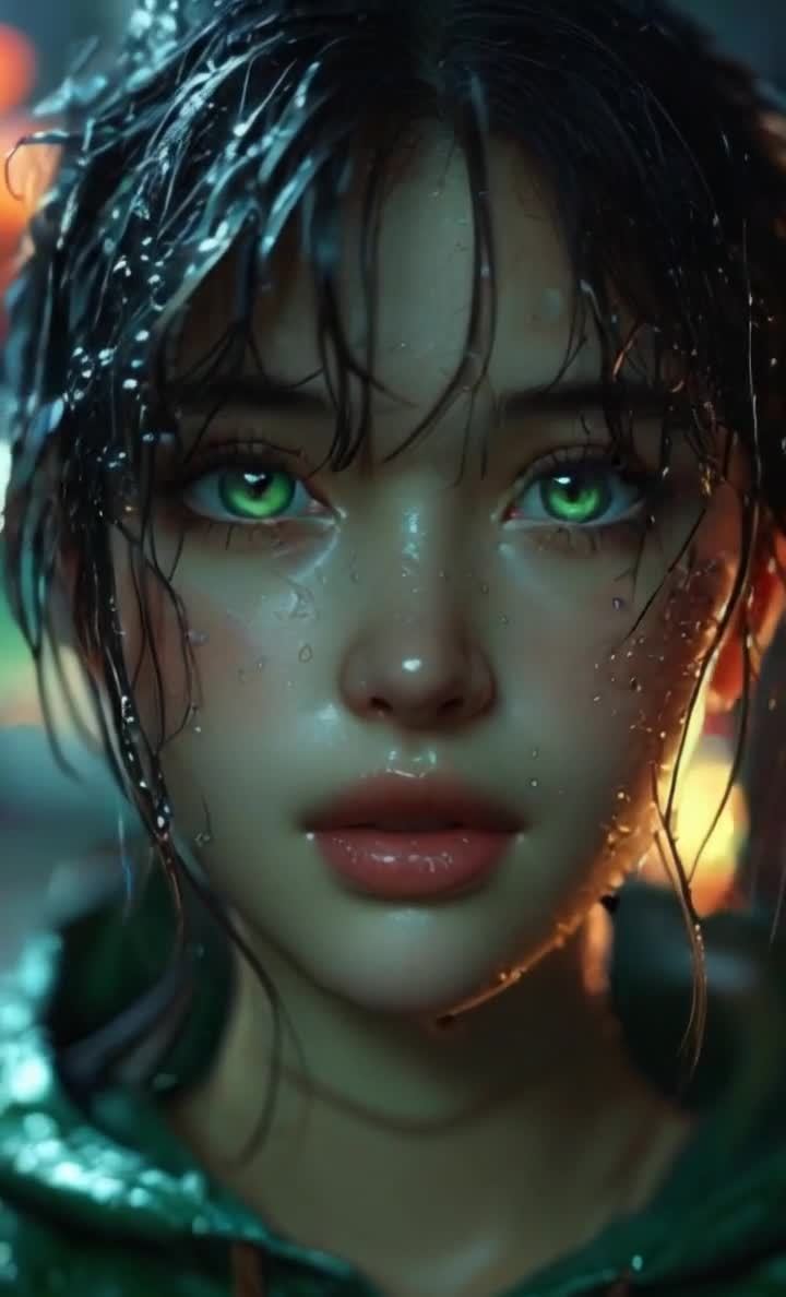 绿眸少女雨中特写，水滴模糊背景光影交织