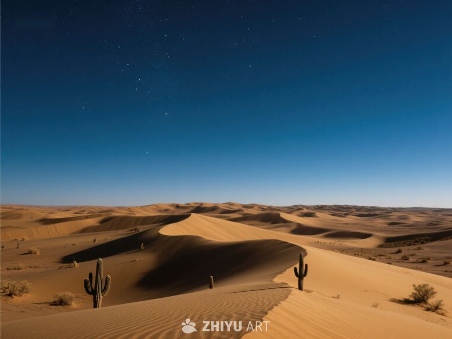 夜幕下的沙漠沙丘与仙人掌 501