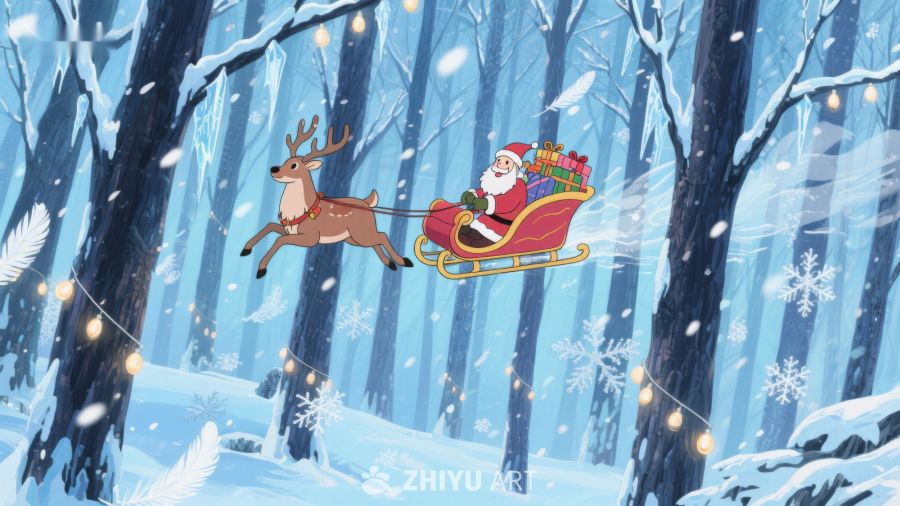 雪林中圣诞老人乘驯鹿雪橇飞翔 363