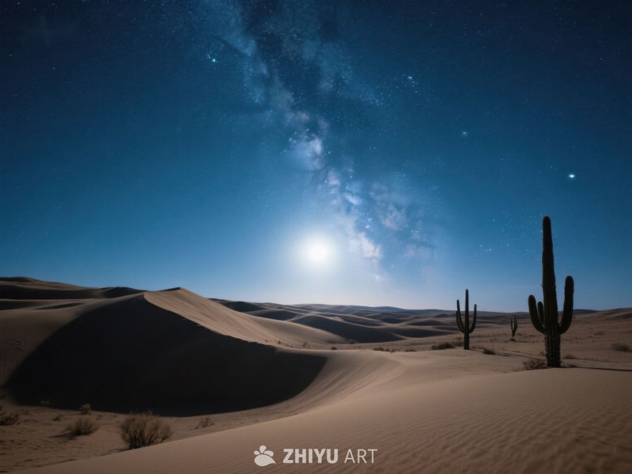 沙漠夜景：星空下的沙丘与仙人掌 90