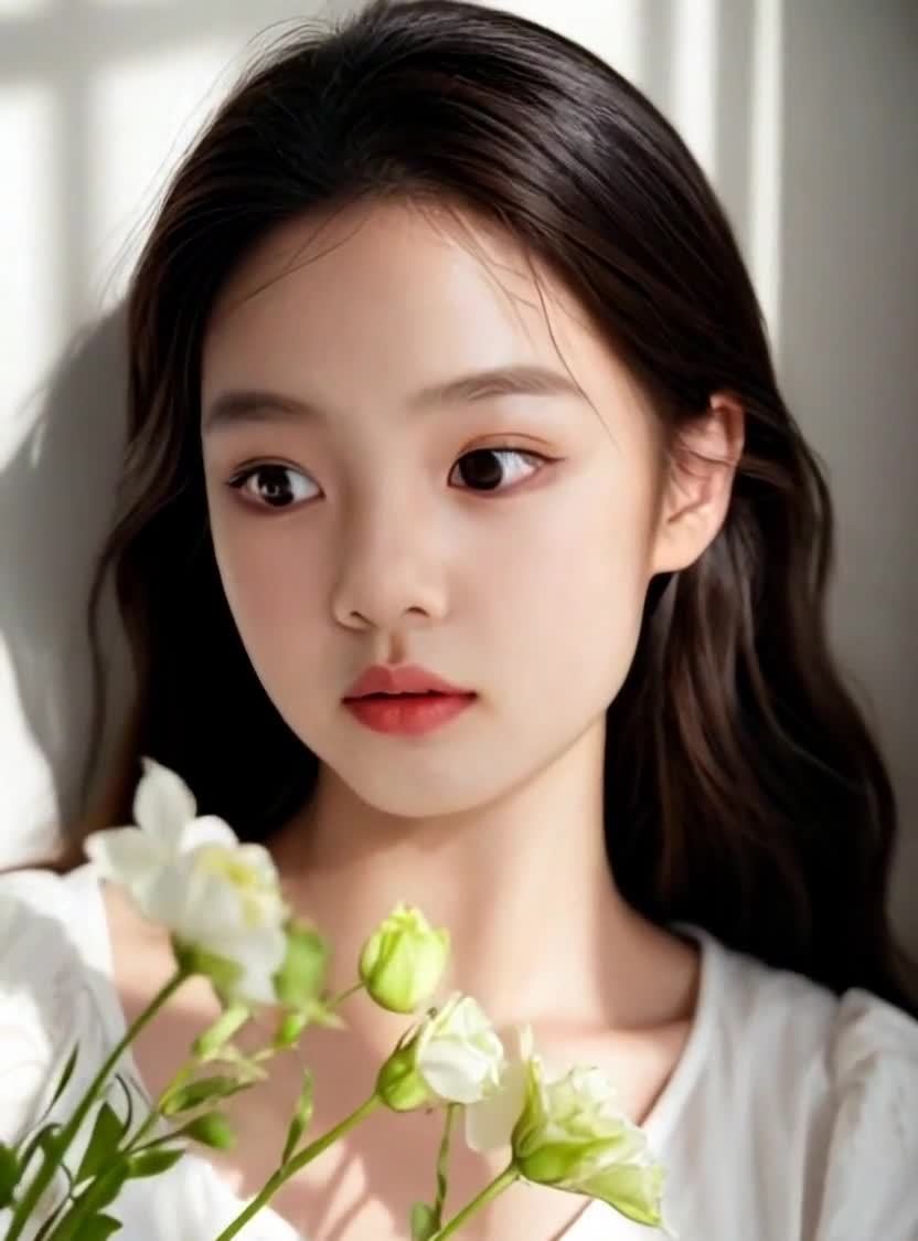 年轻女孩特写，手持白花，棕发棕眼，白衣灰背景。