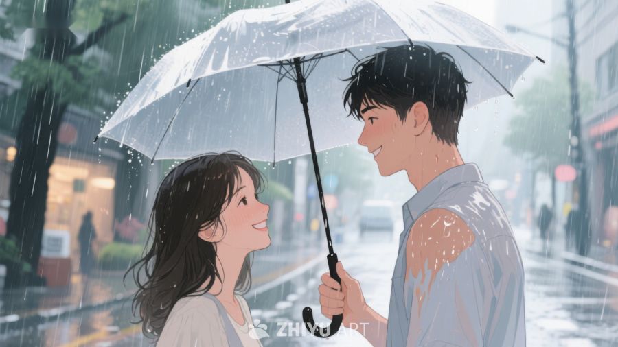 雨中情侣共享透明伞温馨瞬间 674