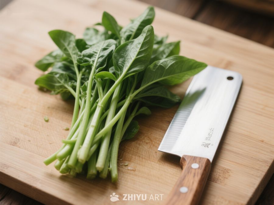 新鲜绿叶蔬菜与菜刀置于砧板上 459