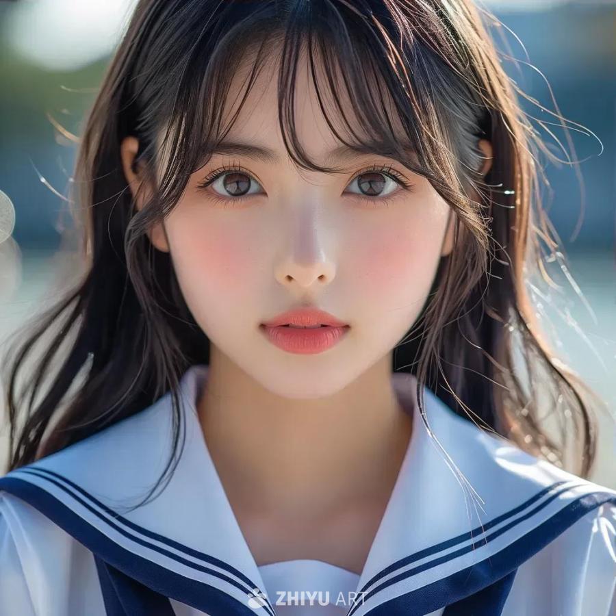 一个女学生，拥有粉色的眼珠，光泽的头发，穿着水手服