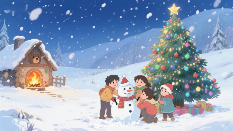 冬日雪景中孩子们与雪人共度圣诞 30