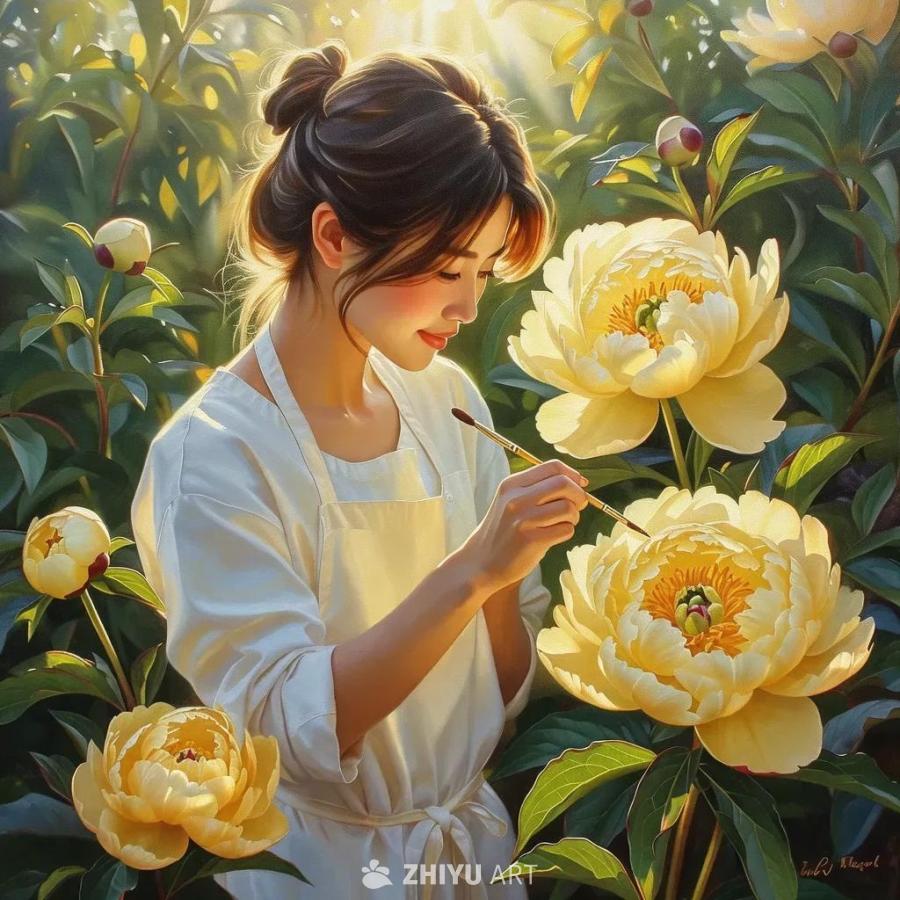 一个女孩在牡丹园里画着三朵黄色牡丹。女孩穿着白色连